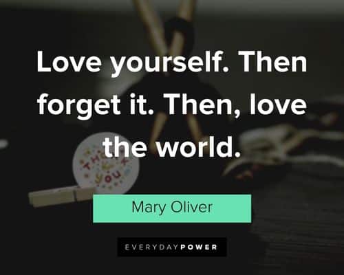 Mary Oliver quotes about love yourself. Then forget it. Then, love the world